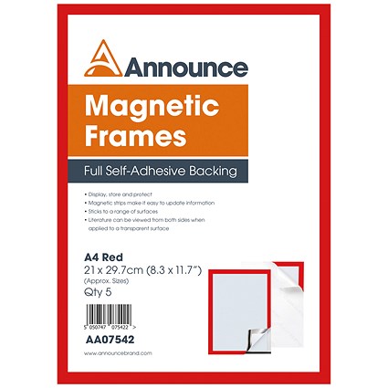 Announce Magnetic Frames, A4, Red, Pack of 5