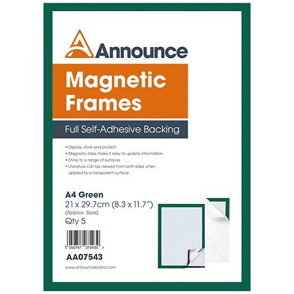 Announce Magnetic Frames, A4, Green, Pack of 5