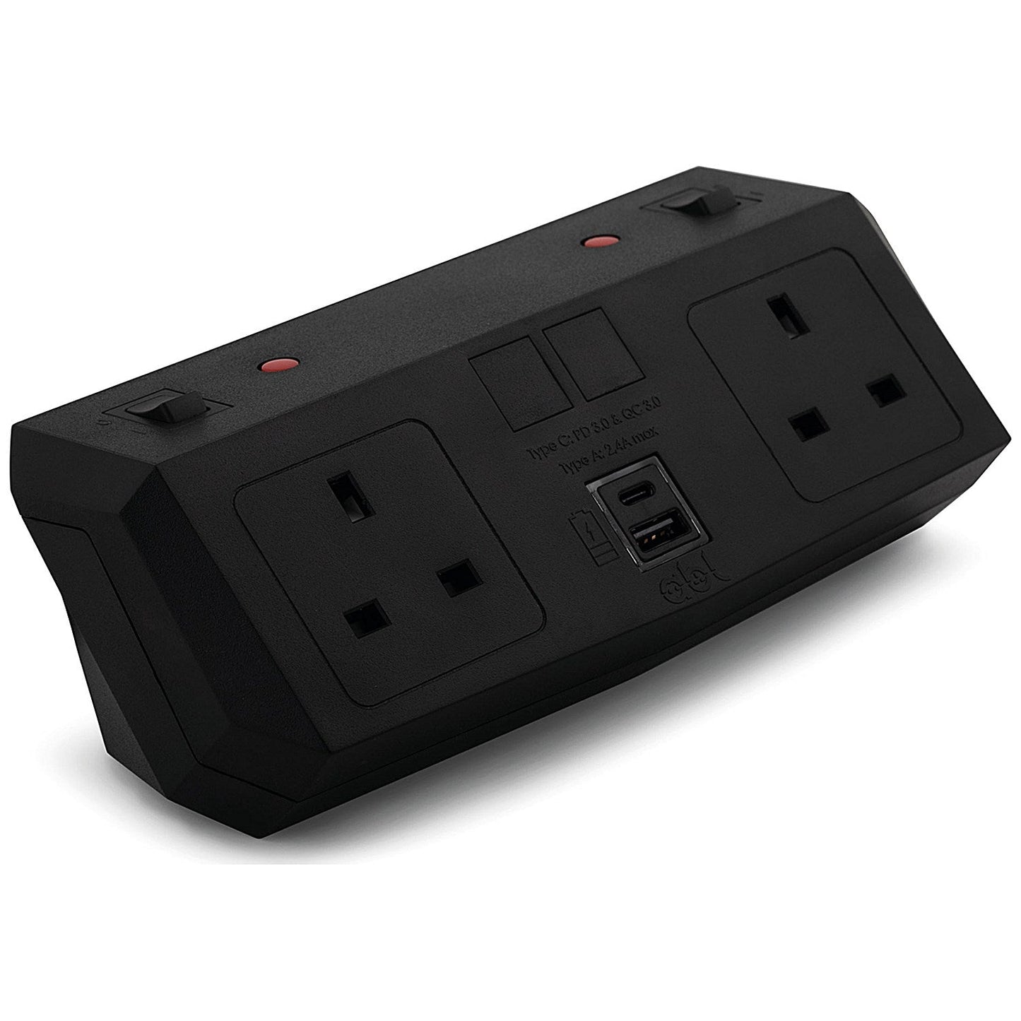On Desk Power Module, 2xUK Socket Dual USB Port Type A+C PD/QC Charger, Black
