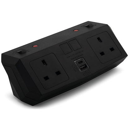 On Desk Power Module, 2xUK Socket Dual USB Port Type A+C PD/QC Charger, Black