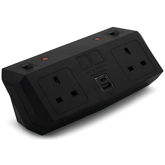 On Desk Power Module, 2xUK Socket Dual USB Port Type A+C PD/QC Charger, Black