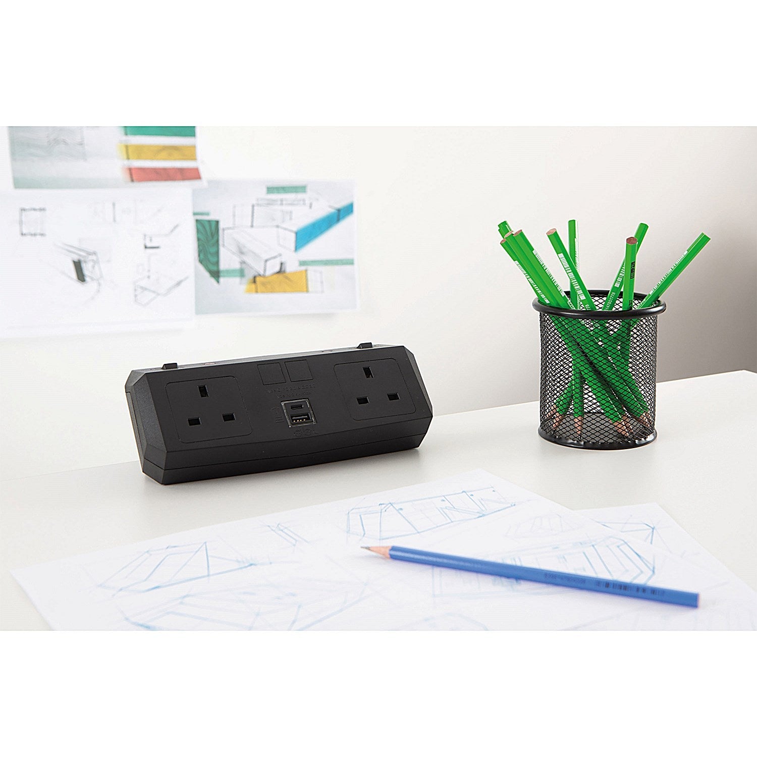 On Desk Power Module, 2xUK Socket Dual USB Port Type A+C PD/QC Charger, Black Easy2Order : ABL96000