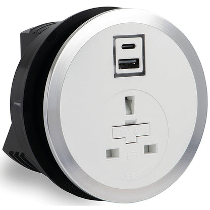 In Desk Power Module, 1xUK Socket 1xUSB A+C PD 35W Charger, White