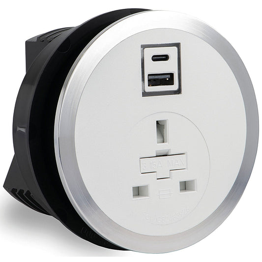 In Desk Power Module, 1xUK Socket 1xUSB A+C PD 35W Charger, White