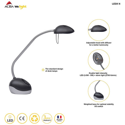 Alba Halox LED Desk Lamp 3/5.5W with UK Plug Black/Grey Easy2Order : ALB00687