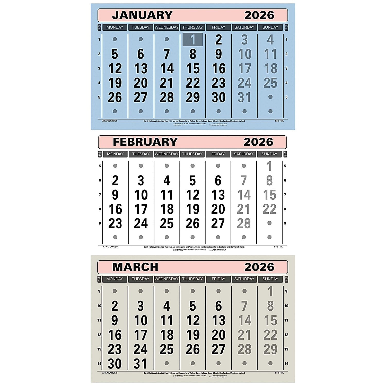 At-A-Glance 2026 3 Monthly Calendar, 300x595mm Easy2Order : ATTML26