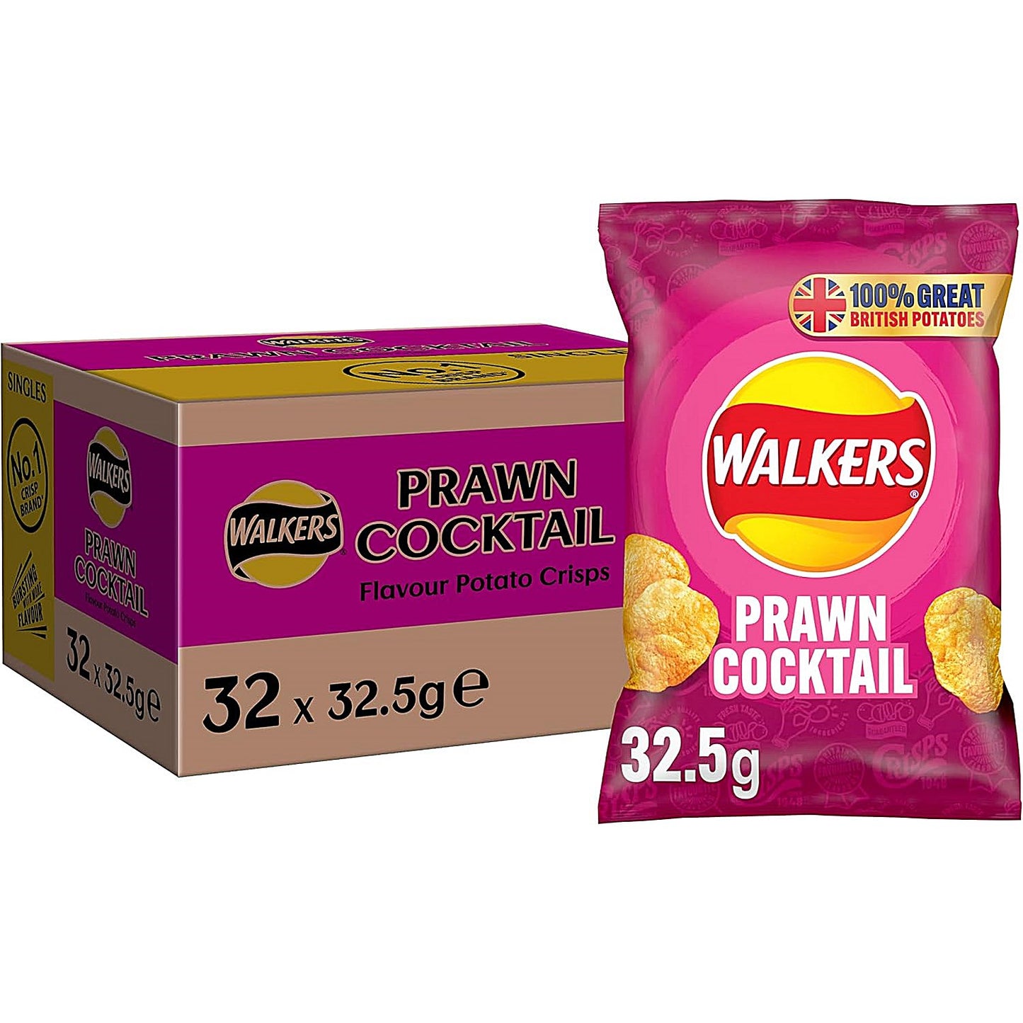 Walkers Prawn Cocktail Crisps, 32.5g, Pack of 32