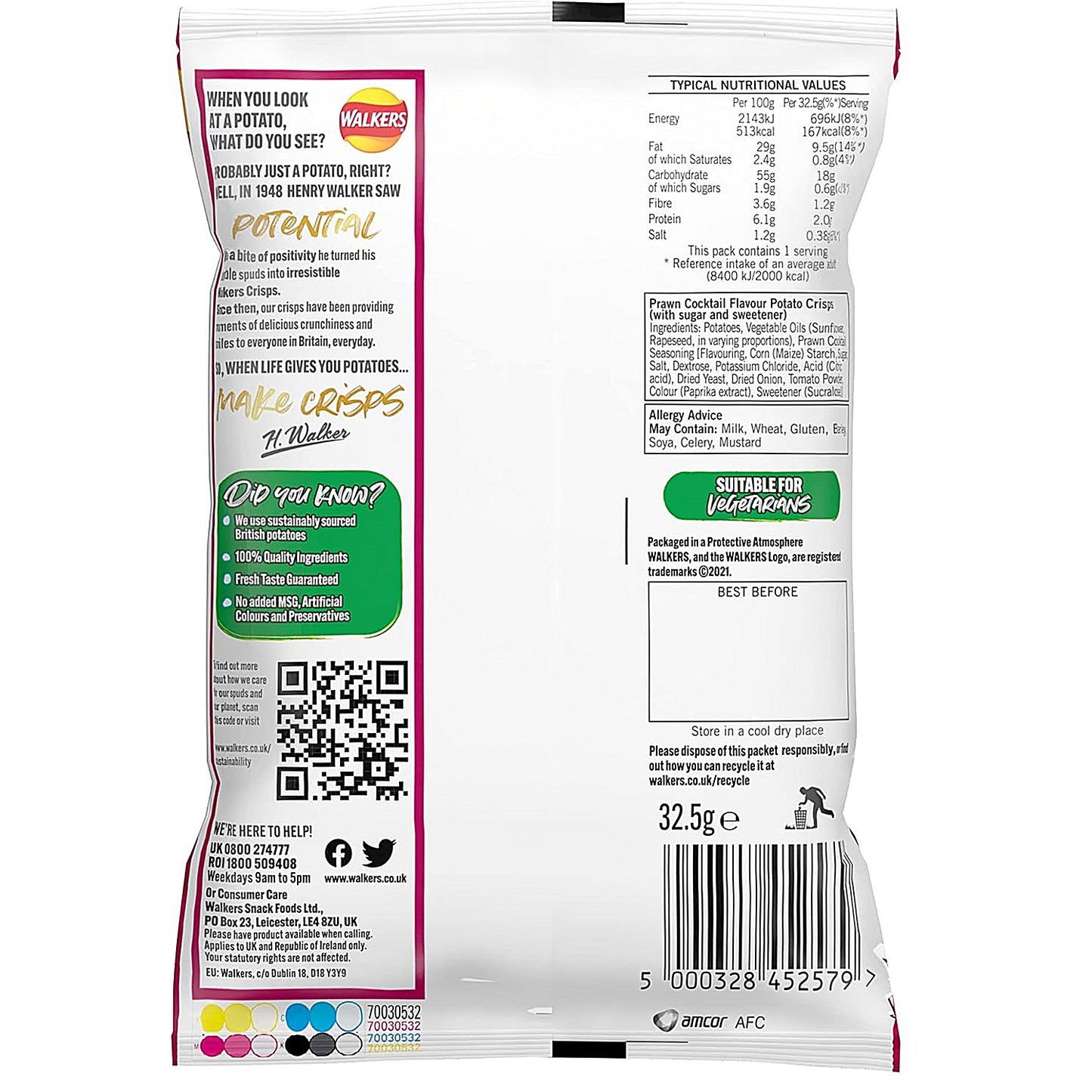 Walkers Prawn Cocktail Crisps, 32.5g, Pack of 32