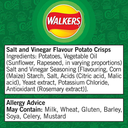 Walkers Salt & Vinegar Crisps, 32.5g, Pack of 32