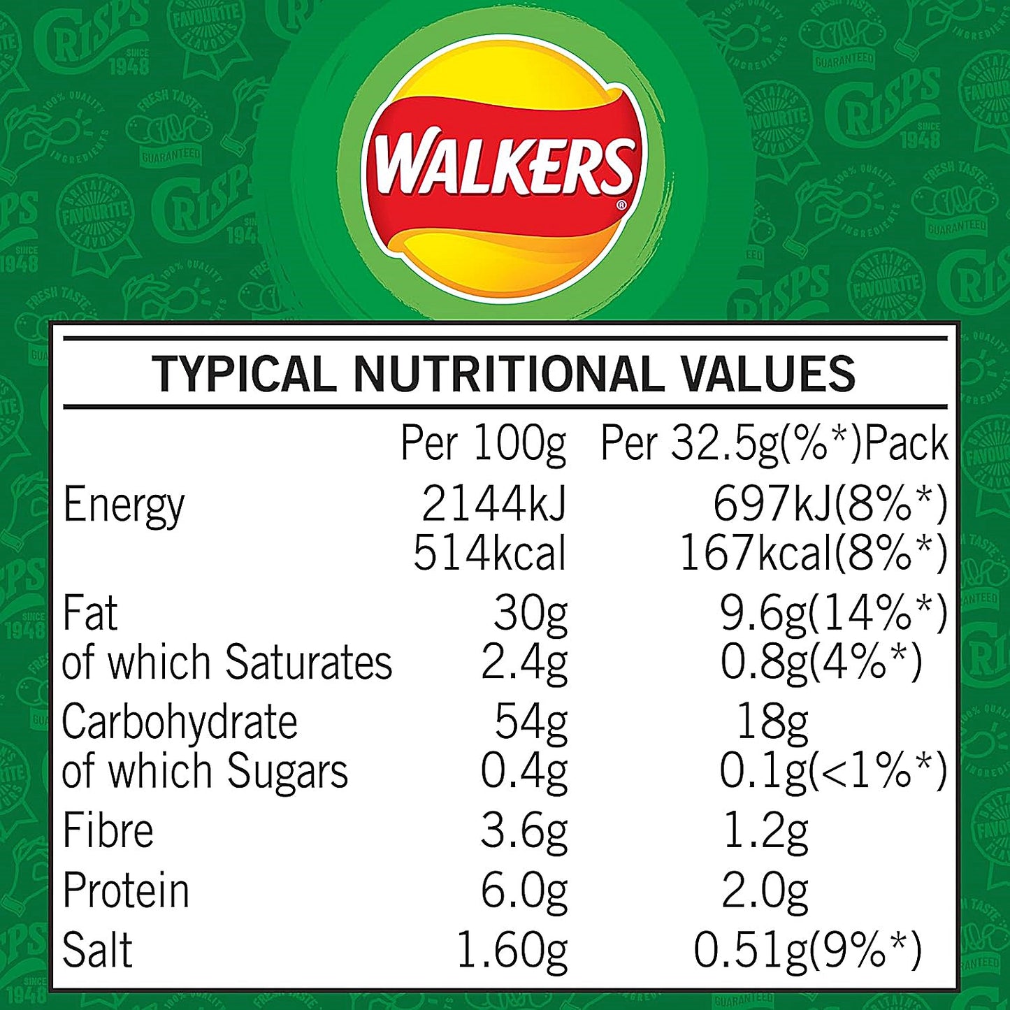 Walkers Salt & Vinegar Crisps, 32.5g, Pack of 32