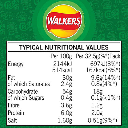 Walkers Salt & Vinegar Crisps, 32.5g, Pack of 32