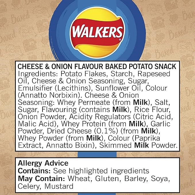 Walkers Oven Baked Cheese & Onion Crisps, 37.5g, Pack of 32