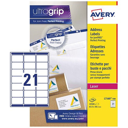 Avery L7160-500 Laser Labels, 21 Per Sheet, 63.5x38.1mm, White, 10500 Labels