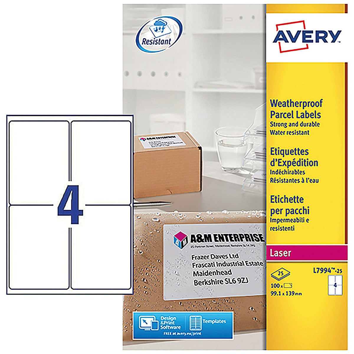 Avery L7994-25 Weatherproof Laser Shipping Labels, 4 per Sheet, 99