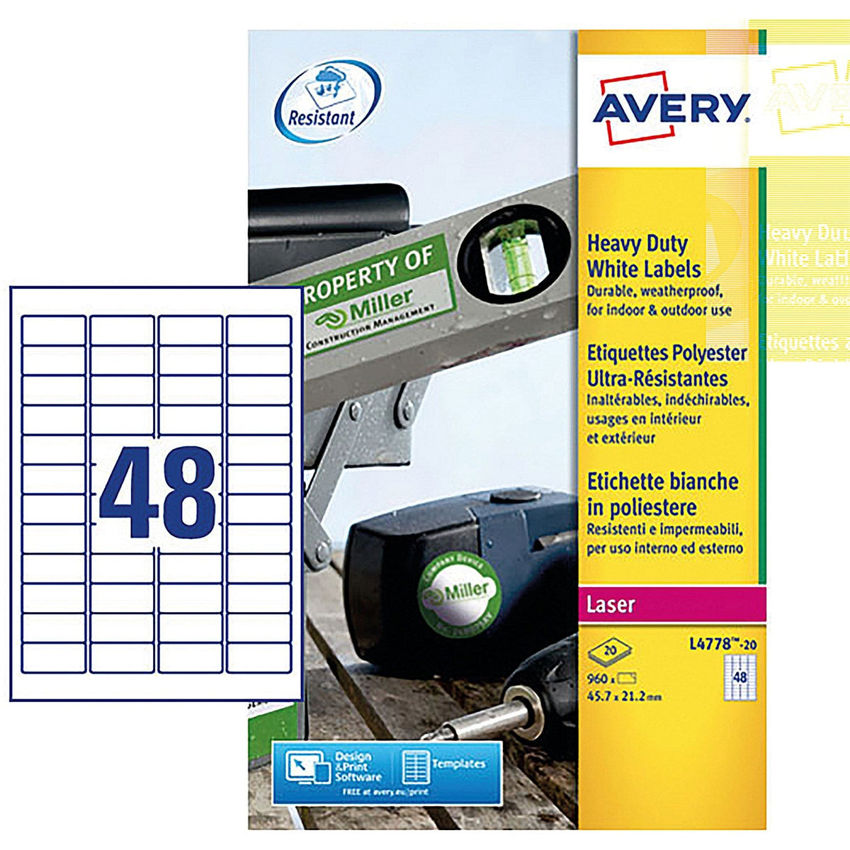 Avery L4778-20 Heavy Duty Laser Labels, 48 Per Sheet, 45.7x21.2mm