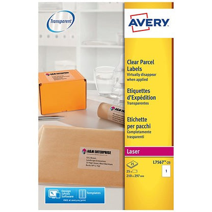 Avery L7567-25 Laser Labels, 1 Per Sheet, 210x297mm, Clear, 25 Labels