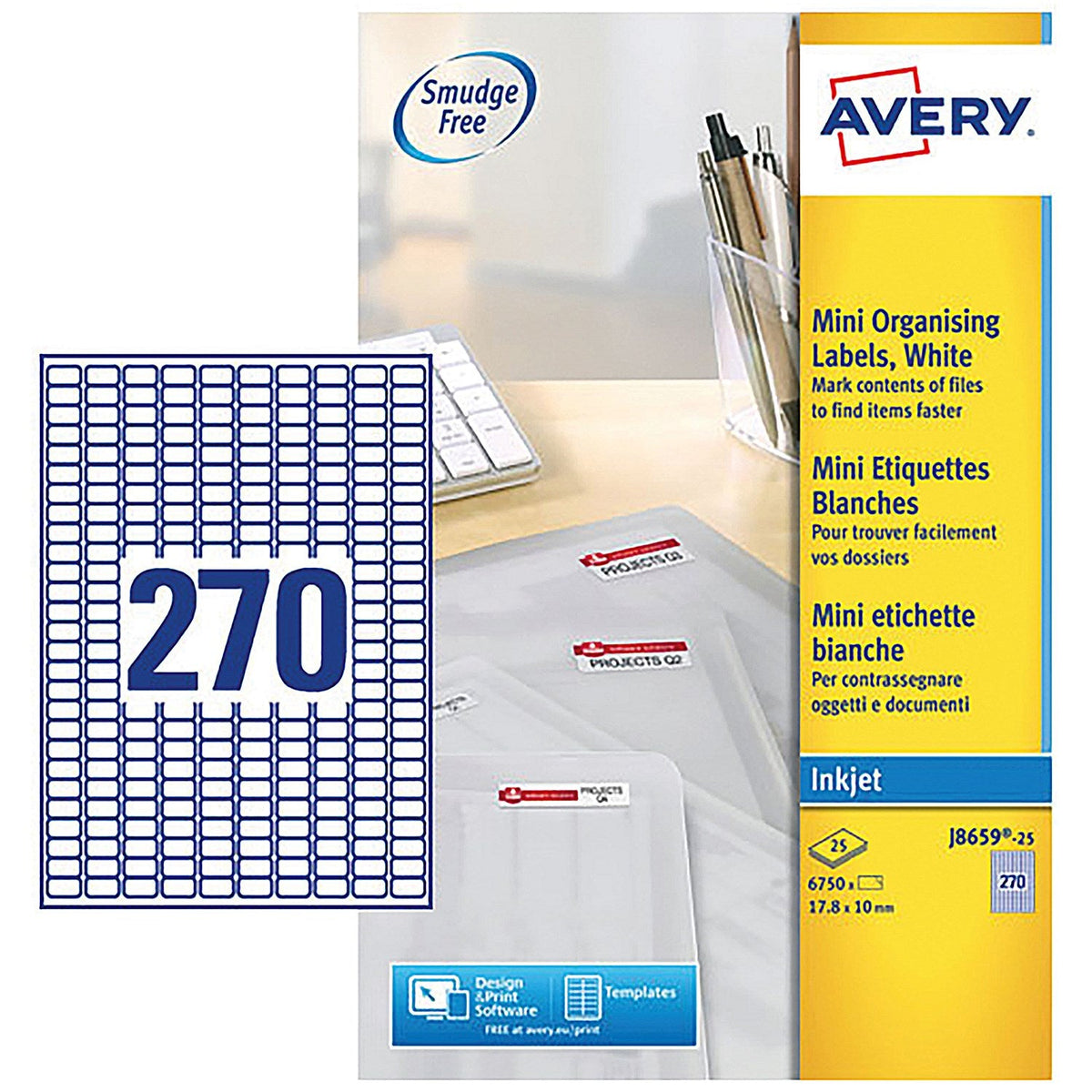 Avery J8659-25 Inkjet Labels, 270 Per Sheet, 17.8x10mm, White, 6750 ...