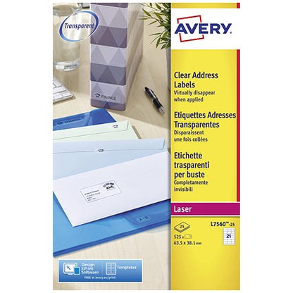 Avery L7560-25 Laser Labels, 21 Per Sheet, 63.5x38.1mm, Clear, 525 Labels