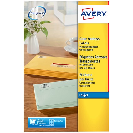 Avery J8563-25 Inkjet Labels, 14 Per Sheet, 99.1x38.1mm, Clear, 350 Labels