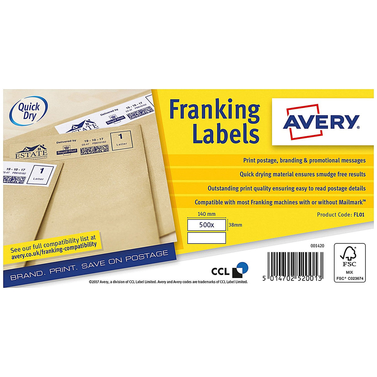 Avery FL01 Franking Labels, 2 per Sheet, 140x38mm, White, 1000 Labels ...