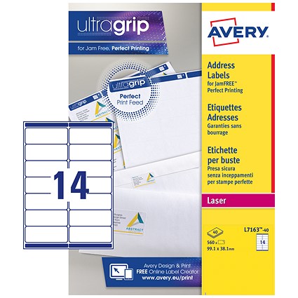 Avery L7163-40 Laser Labels, 14 Per Sheet, 99.1x38.1mm, White, 560 Labels