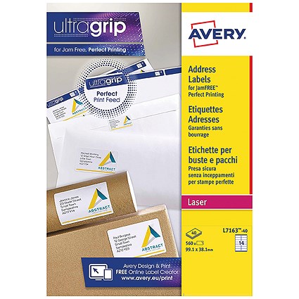 Avery L7163-40 Laser Labels, 14 Per Sheet, 99.1x38.1mm, White, 560 Labels