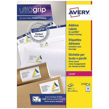 Avery L7163-40 Laser Labels, 14 Per Sheet, 99.1x38.1mm, White, 560 Labels