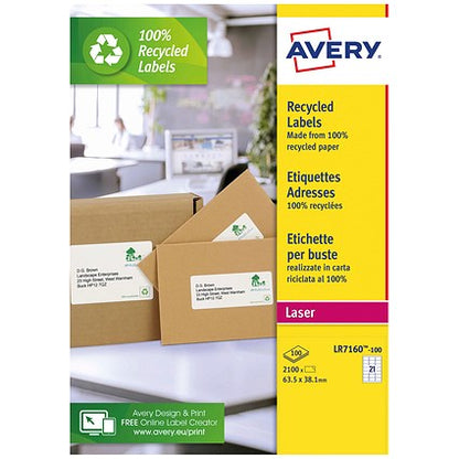 Avery LR7160-100 Recycled Laser Labels, 21 Per Sheet, 63.5x38.1mm, White, 2100 Labels