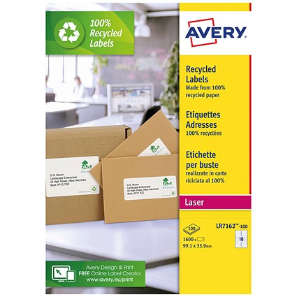 Avery LR7162-100 Recycled Laser Labels, 16 Per Sheet, 99.1 x 33.9mm, White, 1600 Labels