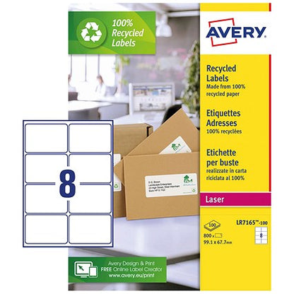 Avery LR7165-100 Recycled Laser Labels, 8 Per Sheet, 99.1x67.7mm, White, 800 Labels