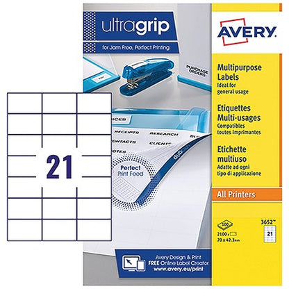 Avery 3652 Multi-Purpose Labels, 21 Per Sheet, 70x42.3mm, White, 2100 Labels