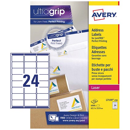 Avery L7159-250 Laser Labels, 24 Per Sheet, 63.5x33.9mm, White, 6000 Labels