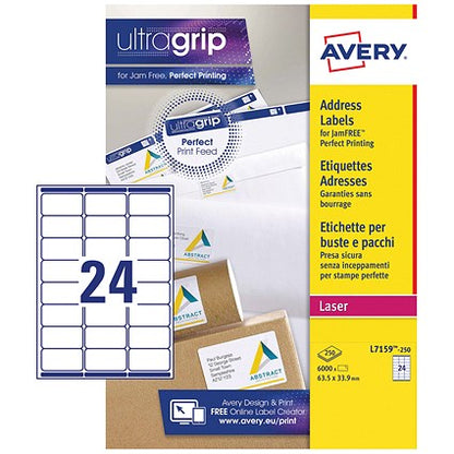Avery L7159-250 Laser Labels, 24 Per Sheet, 63.5x33.9mm, White, 6000 Labels