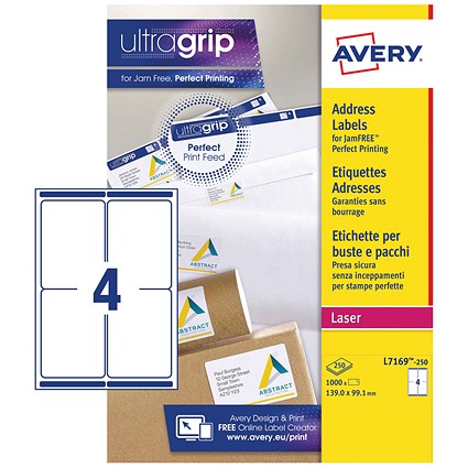 Avery L7169-250 Laser Labels, 4 Per Sheet, 139x99.1mm, White, 1000 Labels