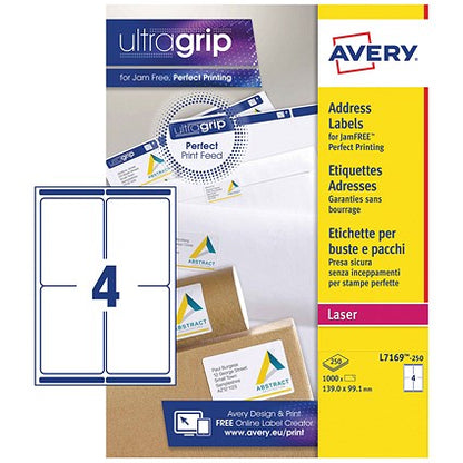 Avery L7169-250 Laser Labels, 4 Per Sheet, 139x99.1mm, White, 1000 Labels