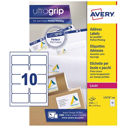 Avery L7173-250 Laser Labels, 10 Per Sheet, 99.1x57mm, White, 2500 Labels