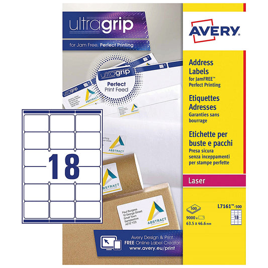 Avery L7161-500 Laser Labels, 18 Per Sheet, 63.5x46.6mm, White, 9000 Labels