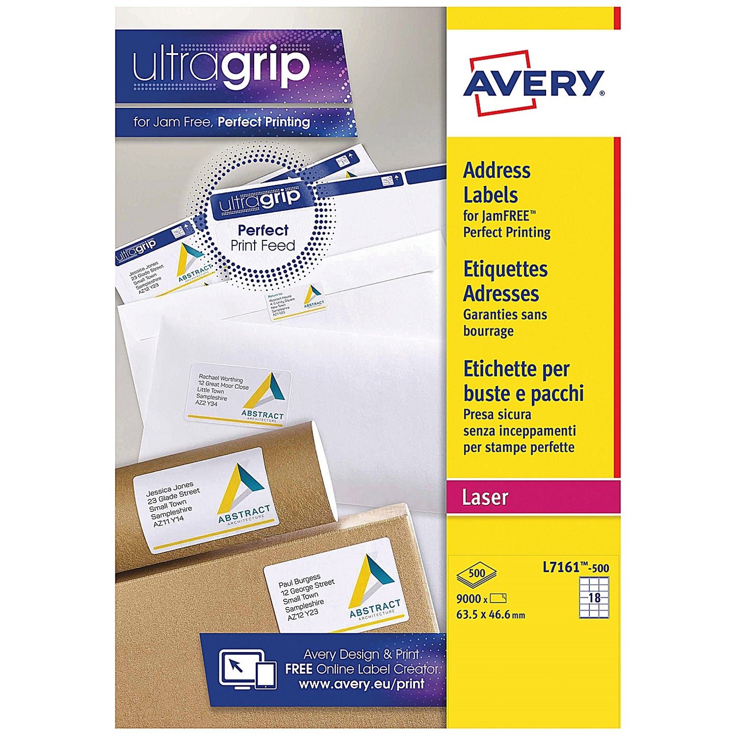 Avery L7161-500 Laser Labels, 18 Per Sheet, 63.5x46.6mm, White, 9000 Labels