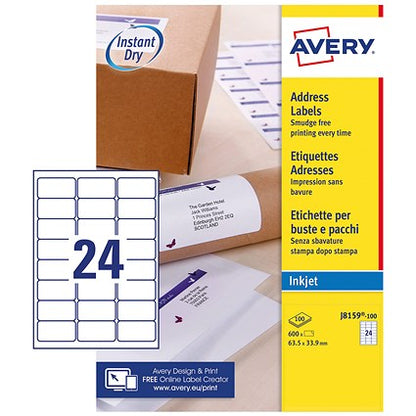 Avery J8159-100 Inkjet Labels, 24 Per Sheet, 63.5x33.9mm, White, 2400 Labels