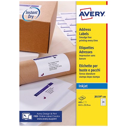 Avery J8159-100 Inkjet Labels, 24 Per Sheet, 63.5x33.9mm, White, 2400 Labels