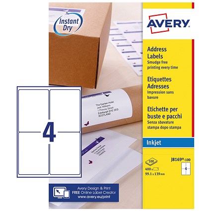 Avery J8169-100 Inkjet Labels, 4 Per Sheet, 139x99.1mm, White, 400 Labels