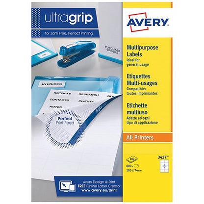 Avery 3427 Multi-Purpose Labels, 8 Per Sheet, 105x74mm, White, 800 Labels