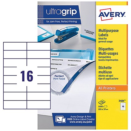 Avery 3484 Multi-Purpose Labels, 16 Per Sheet, 105x37mm, White, 1600 Labels