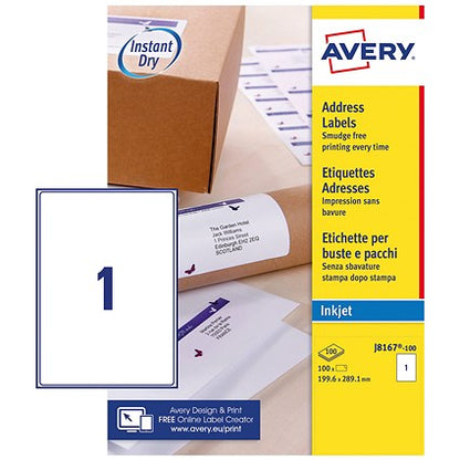 Avery J8167-100 Inkjet Labels, 1 Per Sheet, 199.6x289.1mm, White, 100 Labels