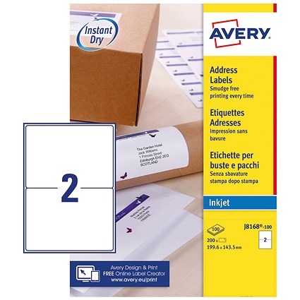 Avery J8168-100 Inkjet Labels, 2 Per Sheet, 199.6x143.5mm, White, 200 Labels