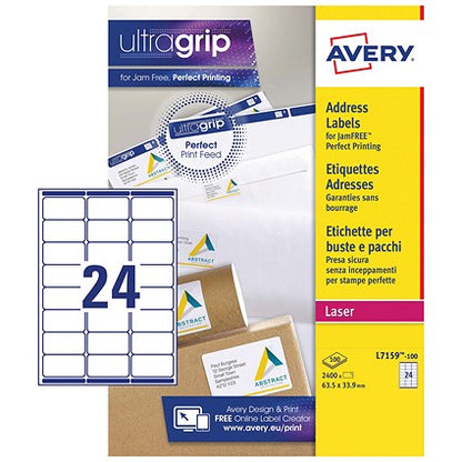 Avery L7159-100 Laser Labels, 24 Per Sheet, 63.5x33.9mm, White, 2400 Labels