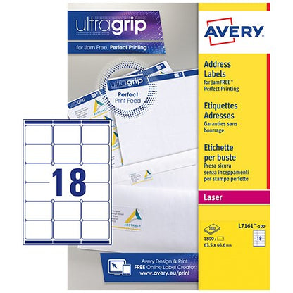 Avery L7161-100 Laser Labels, 18 Per Sheet, 63.5x46.6mm, White, 1800 Labels