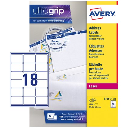 Avery L7161-100 Laser Labels, 18 Per Sheet, 63.5x46.6mm, White, 1800 Labels