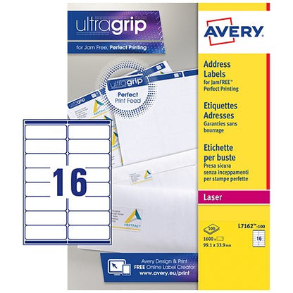 Avery L7162-100 Laser Labels, 16 Per Sheet, 99.1x33.9mm, White, 1600 Labels