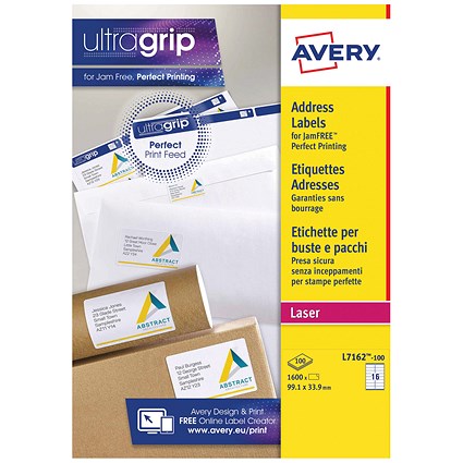 Avery L7162-100 Laser Labels, 16 Per Sheet, 99.1x33.9mm, White, 1600 Labels
